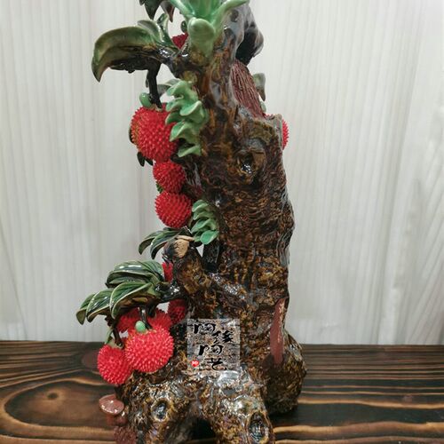 陶瓷工艺品 石湾公仔 竖型荔枝树摆件 满堂红