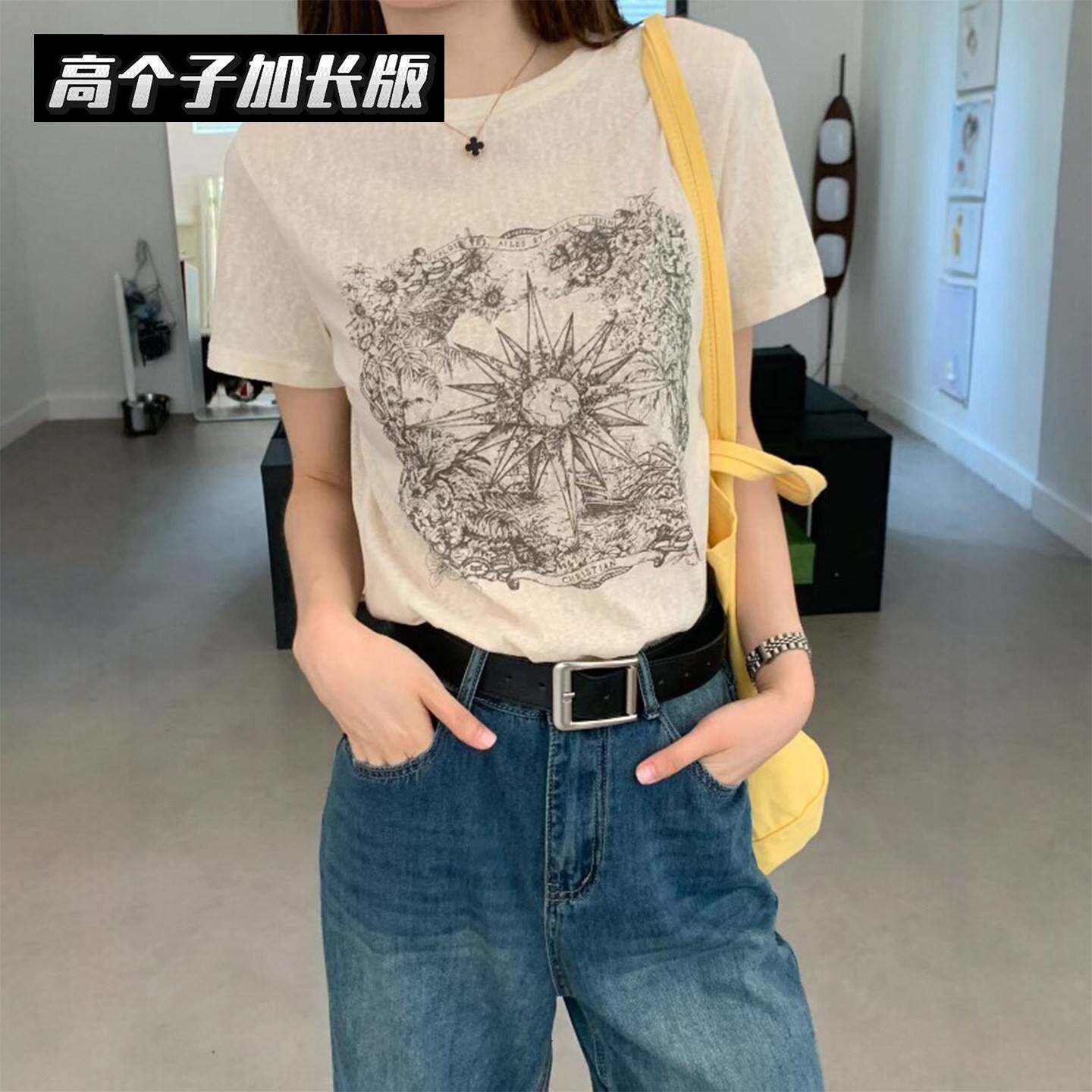 微风夏季 芝芝高个子加长复古印花正肩显瘦百搭雪花棉宽松T恤上衣