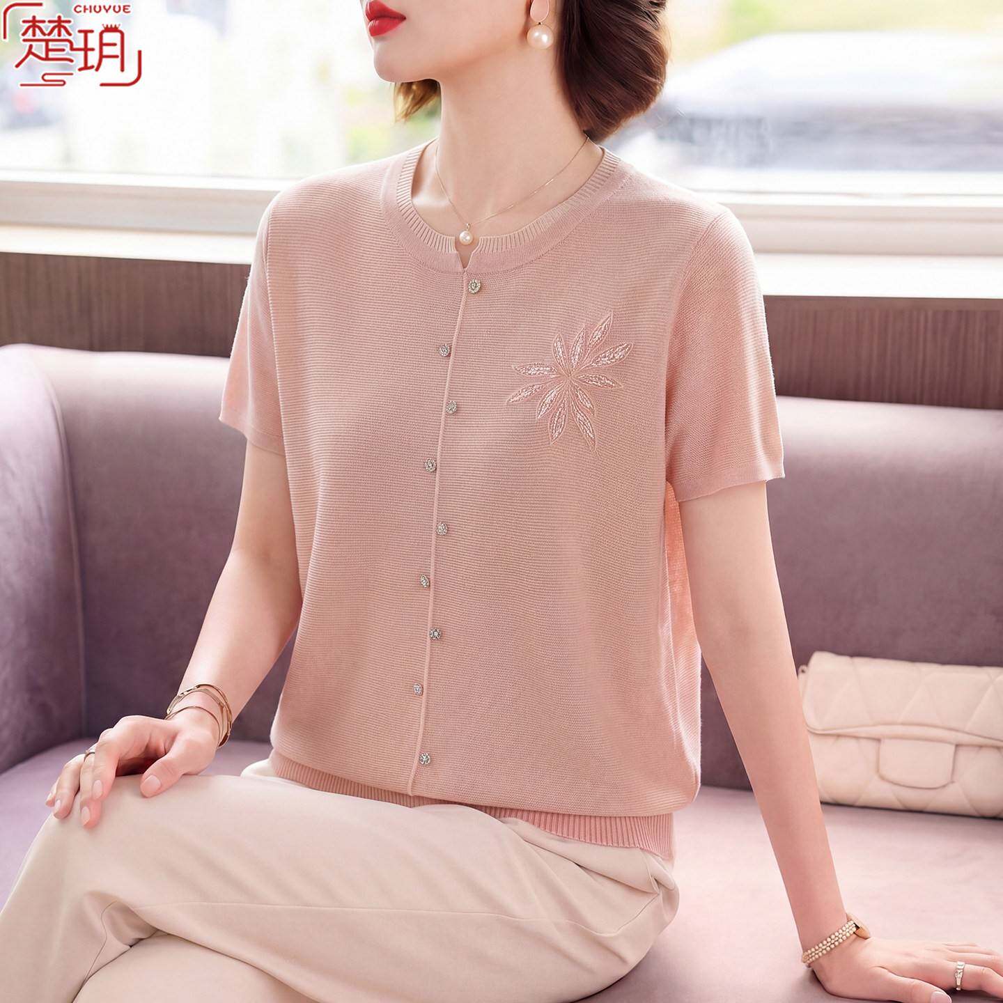 中年妈妈夏装短袖针织小衫洋气冰丝t恤中老年人女装上衣两件套装