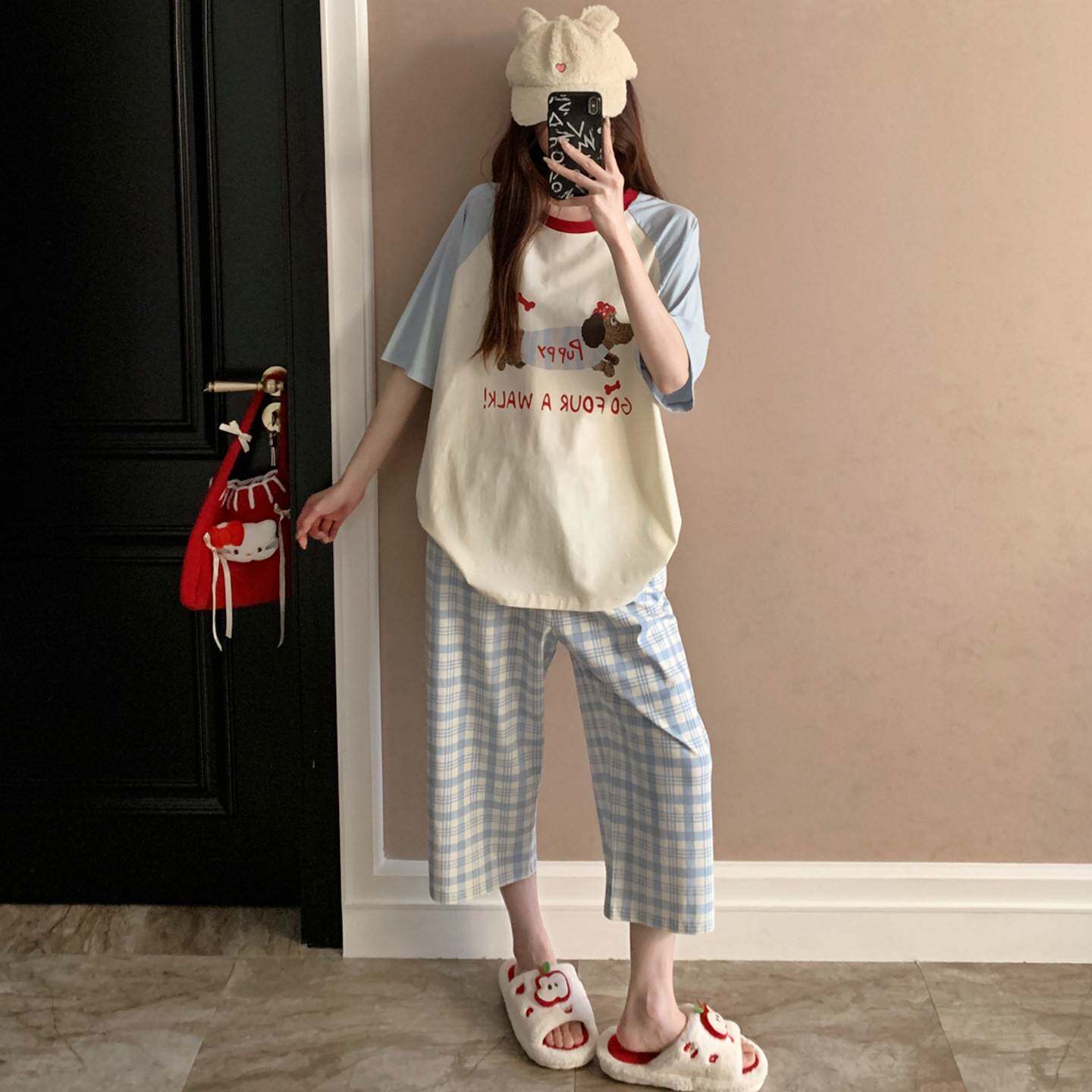 睡衣女春夏季短袖七分裤纯棉2026新款大码可外穿蓝条狗家居服套装
