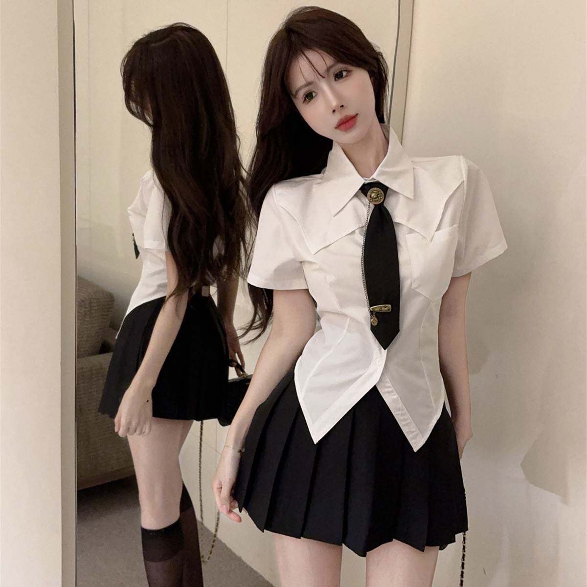 夏季学院风jk制服套装女甜辣减龄洋气短袖衬衫高腰半身裙两件套女