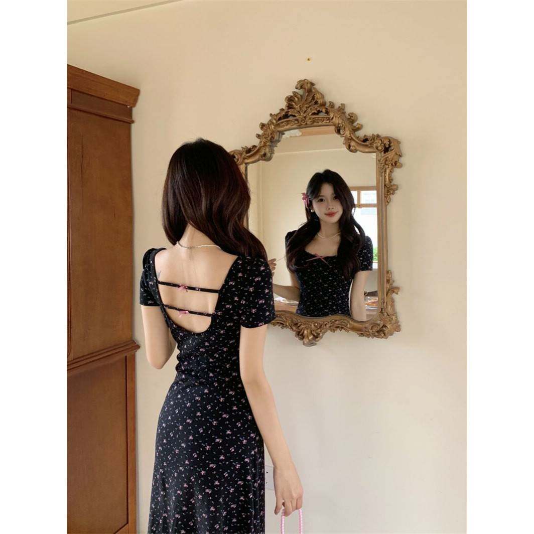 大尺码女装法式黑色收腰碎花短袖洋装夏季A字长裙子胖mm遮肚显瘦
