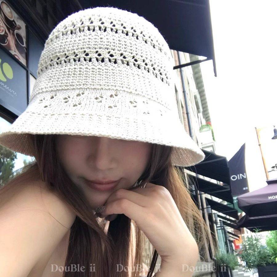 double inin 镂空编织遮阳防晒渔夫帽女夏季薄款透气水桶帽盆帽图片