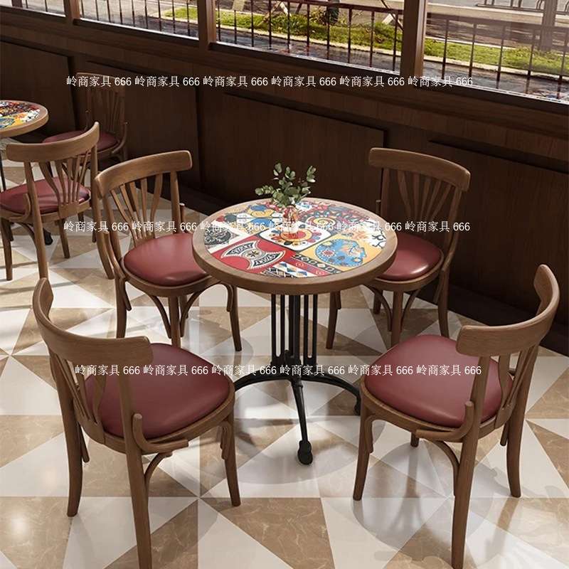 美式酒吧蛋糕甜品店餐桌椅咖啡厅奶茶店实木岩板复古瓷砖桌椅组合