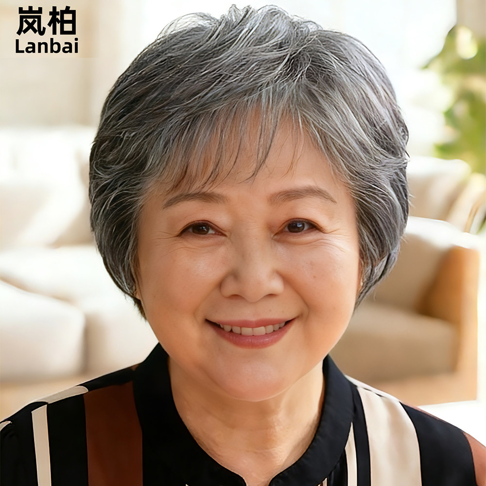 中老年假发女短发妈妈款真头发透气女士花白奶奶假发套全真发轻薄