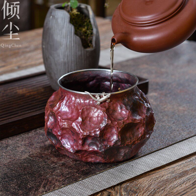 纯手工捶打紫铜建水仿古茶渣缸水盂笔洗茶水盆茶钵茶洗锡边银壁虎