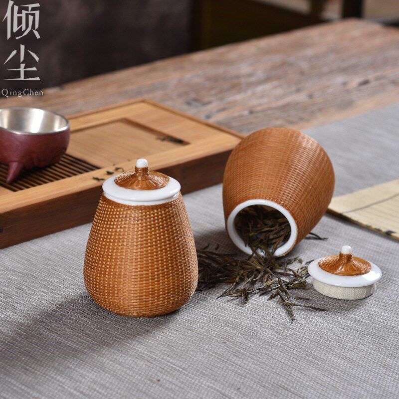 素玉竹编精编白瓷茶叶罐  高档非遗手工瓷胎竹丝扣瓷精品密封罐