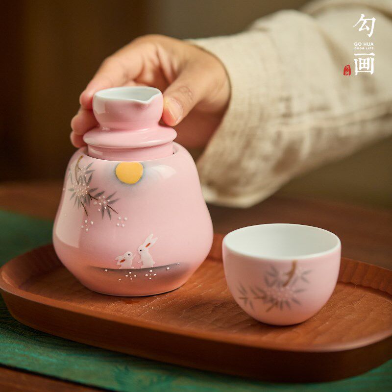 纯手绘粉色酒壶古风景德镇陶瓷烫酒壶老式二两白酒黄酒温酒器套装