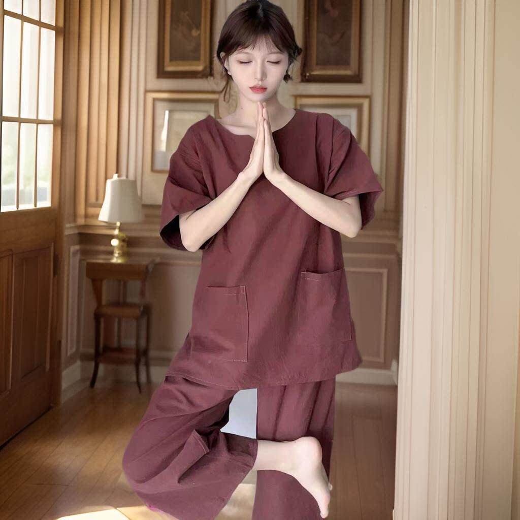 新款蒸纯棉麻泰按式古法摩服睡衣S服PA衣服7分五8812汗分裤女桑拿