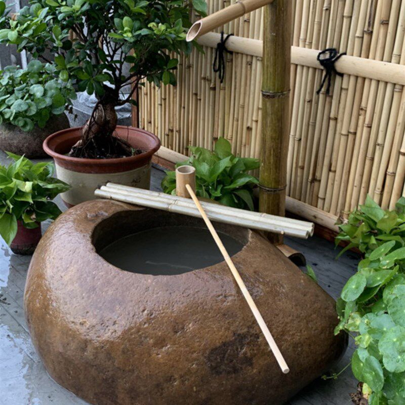 日式庭院流水景观石钵竹子摆件鹅卵石盆水槽水钵小景石槽室外装饰