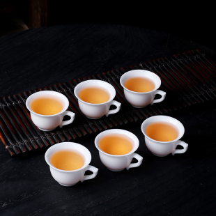 陶瓷小茶杯有耳功夫品茗杯办公喝茶杯6只装防烫带柄白瓷家用杯子