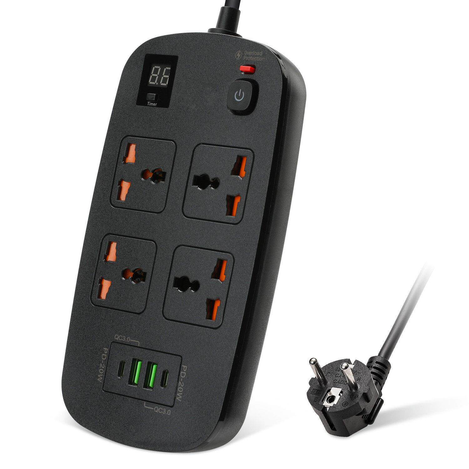 跨境排插定时插座超载保护开关PD20W+QC3.0快充延长线排插PC阻燃