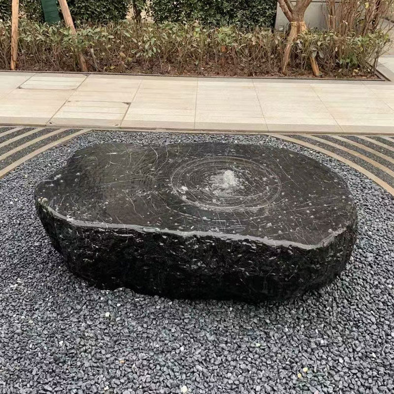 大理石石钵水池喷泉黑山石日式庭院水钵喷水景观涌泉石雕流水招财