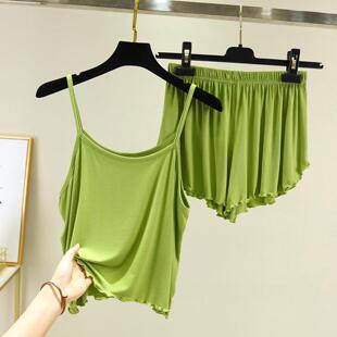 花边内搭短裤 睡衣套装 背心两件套 吊带睡衣女夏薄宽松大码 热销夏季