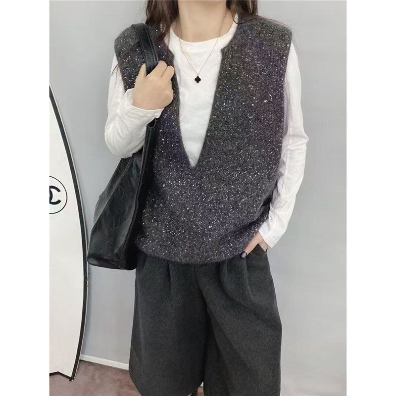 休闲宽松时尚毛衣女士背心高级感亮片黑灰色无袖叠穿秋冬针织马甲