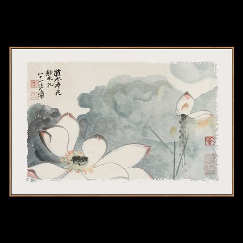 新中式写意荷花装饰画 划茶室背景素雅禅意壁画 划民宿玄关床头简