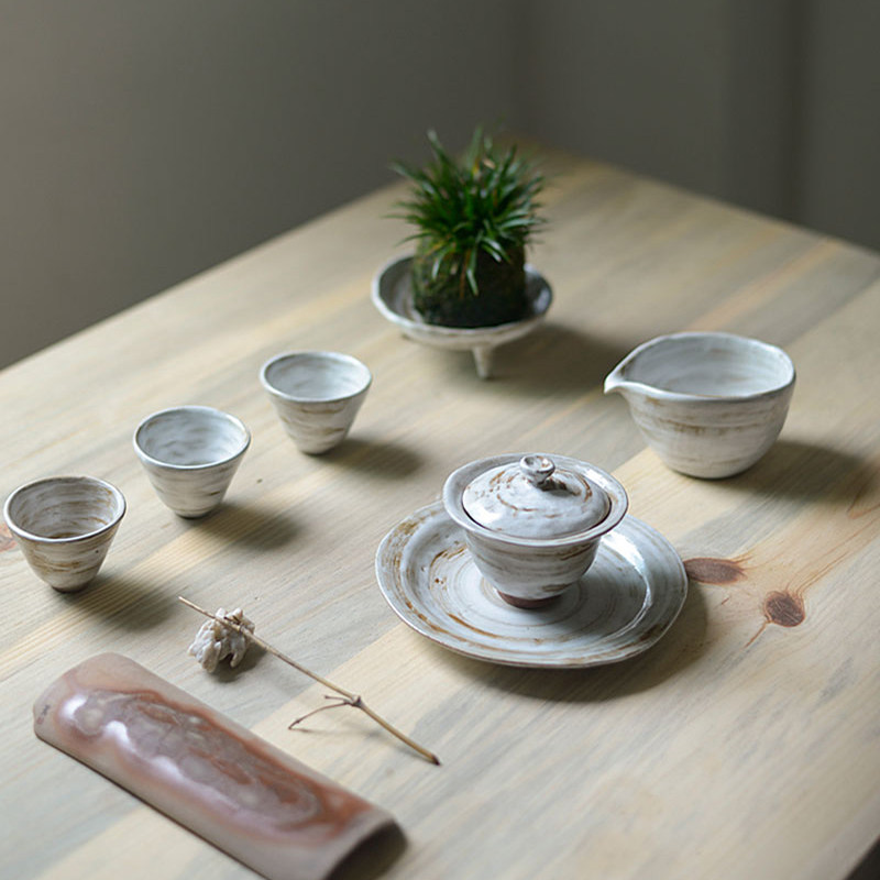 白色盖碗茶具套装办公室高端功夫茶碗复古整套创意喝茶工具送礼