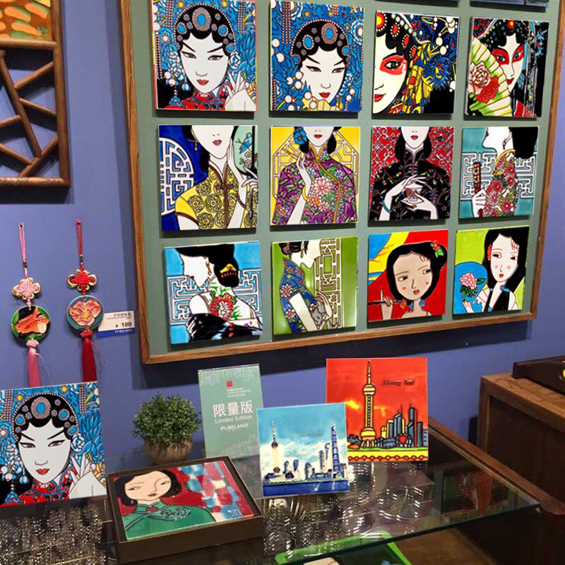 中国风手绘瓷板画墙贴 创意家居摆件饰品 出国送老外礼物 包邮