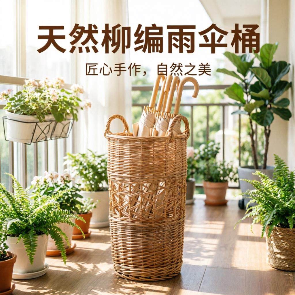 手柳编01镂空雨伞收纳家用大收容量纳筐高颜工值度假风储物篮篮家