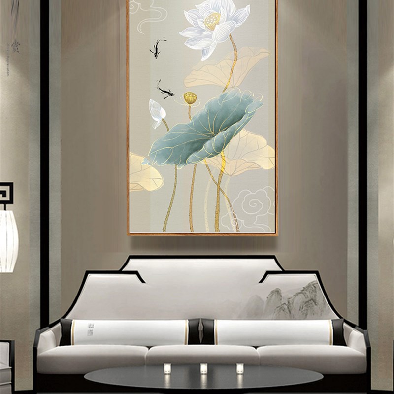 纯手绘油画荷花玄关禅意过道走廊新中式壁挂画客厅水墨竖版装饰画