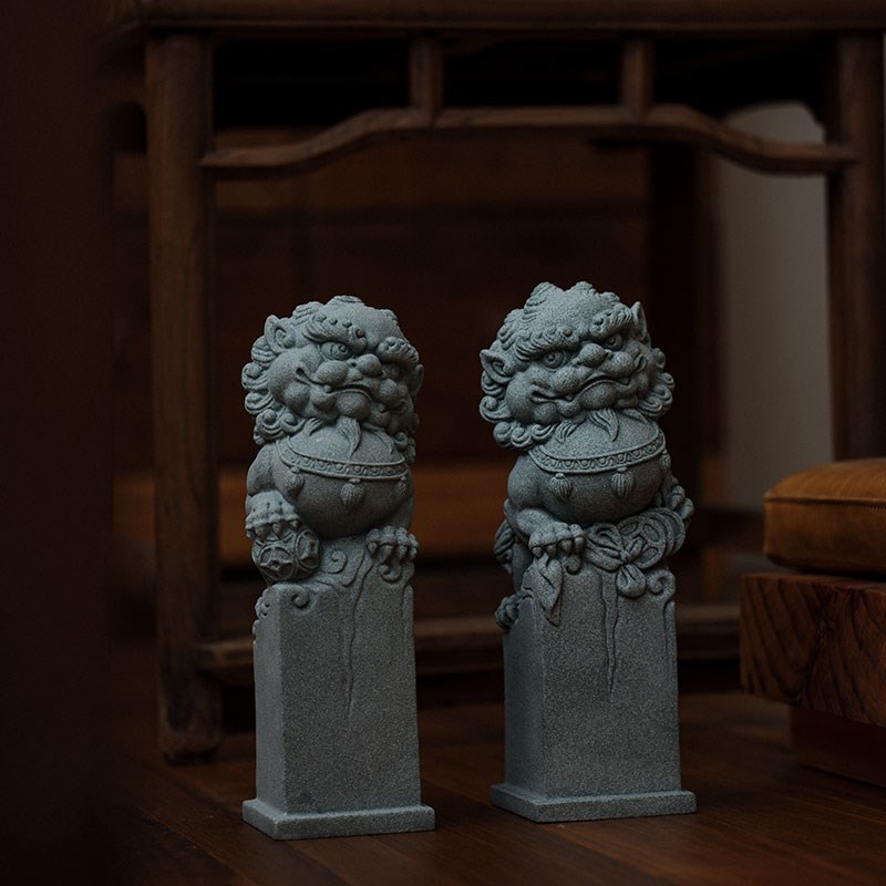 闻说中式瑞兽祥狮(对)摆件 手工青砂石仿古开业别墅摆件