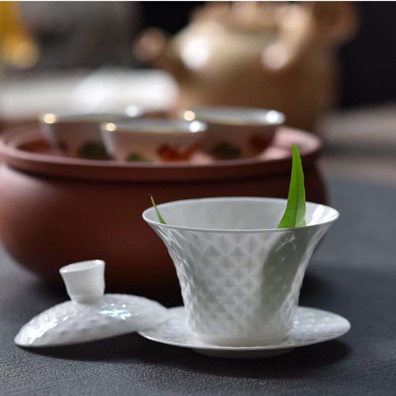 潮州骨瓷盖碗薄胎三才盖碗高档白瓷家用茶杯泡茶器功夫茶具配套