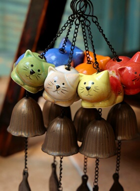可爱卡通彩色猫咪风铃铛高温陶瓷工艺花园入户门窗户庭院装饰摆件