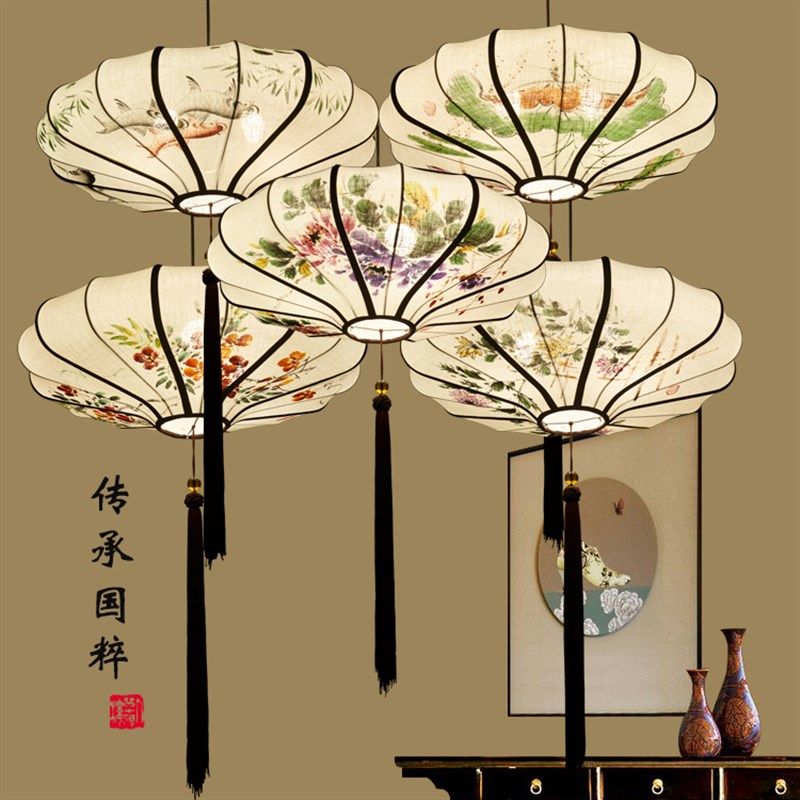 中式吊灯中国风 茶楼餐厅书房创意布艺手绘画仿古茶室新中式灯笼