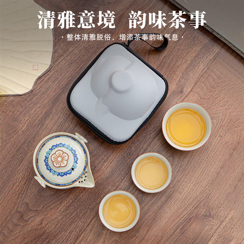 青花米黄汝窑手抓壶盖碗茶杯单个高档家用防烫泡茶壶功夫茶具套装