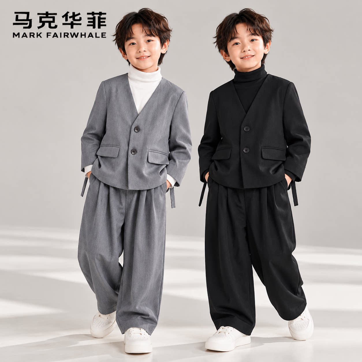 马克华菲男童西装套装秋冬休闲老钱风西服外套花童周岁礼服演出服