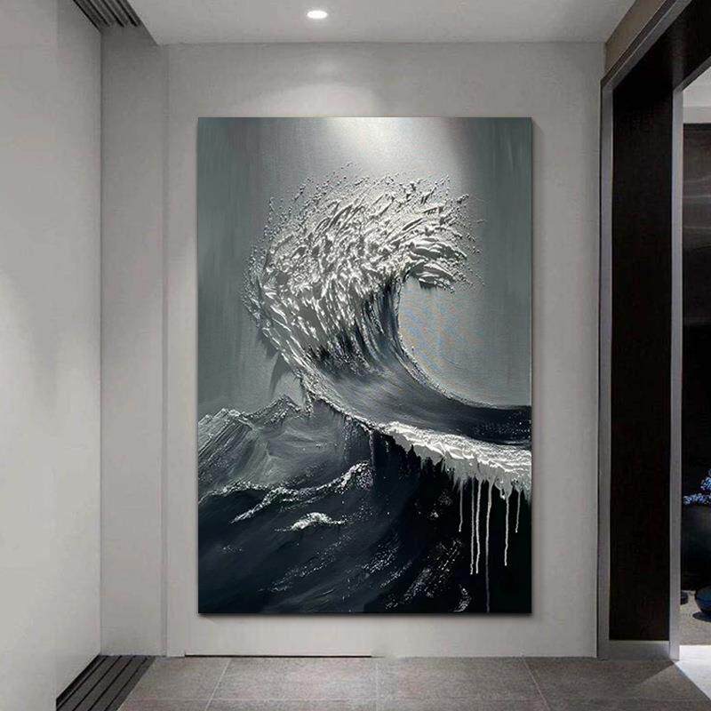 玄关肌理画客厅手绘油画黑白色海浪挂画大芬村石英砂岩立体落地画