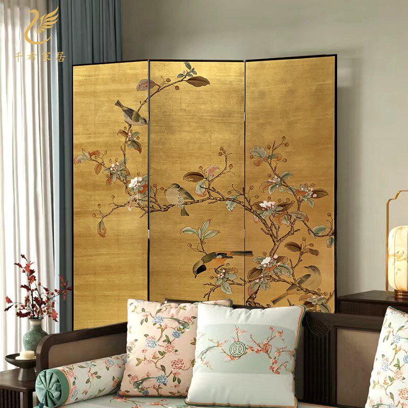 中古风手绘漆画屏风金箔花鸟茶室客厅餐厅中式玄关隔断沙发可定制