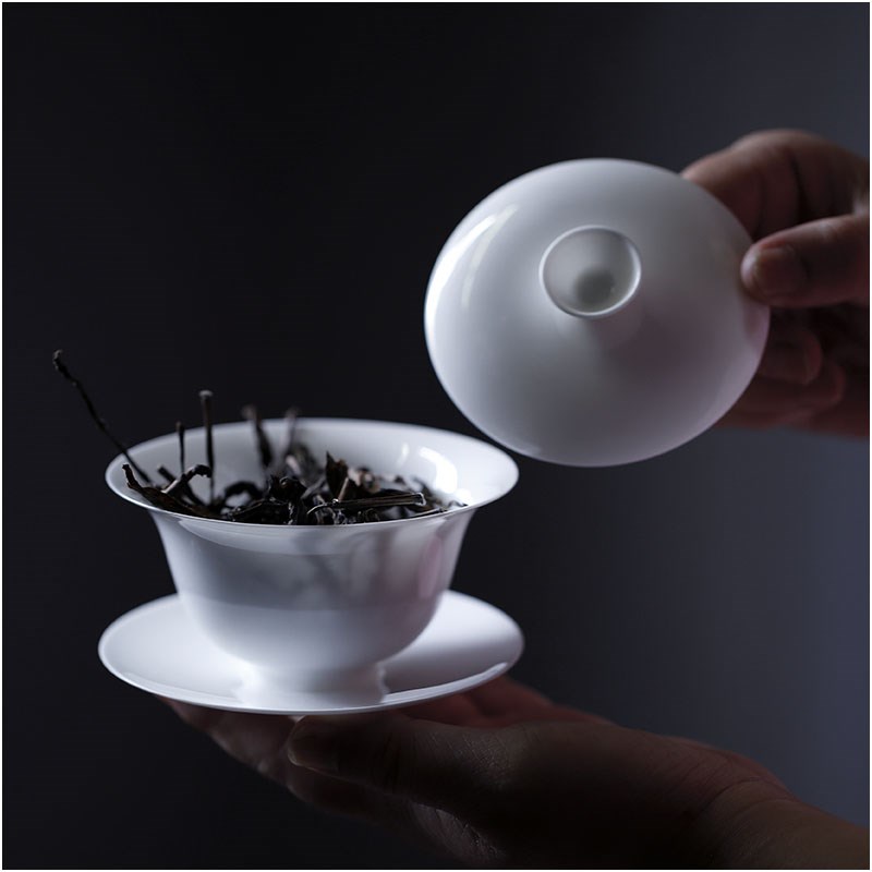 团聚潮州正宗骨瓷大号盖碗三才薄胎高透纯白陶瓷大反口防烫茶备