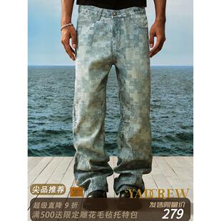 YADcrew亚德鲁 拼图棋盘格打印牛仔长裤美式街头宽松百搭休闲长裤