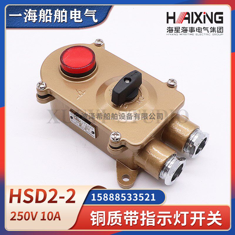 船用铜质带指示灯开关HSD2-2水密防水旋开关250V10A海星海事IP56