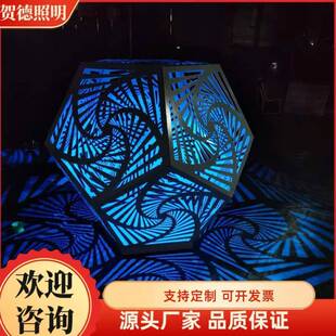 源头雕塑厂家不锈钢发光镂空球镜面金属剪影灯光装置户外互动装置