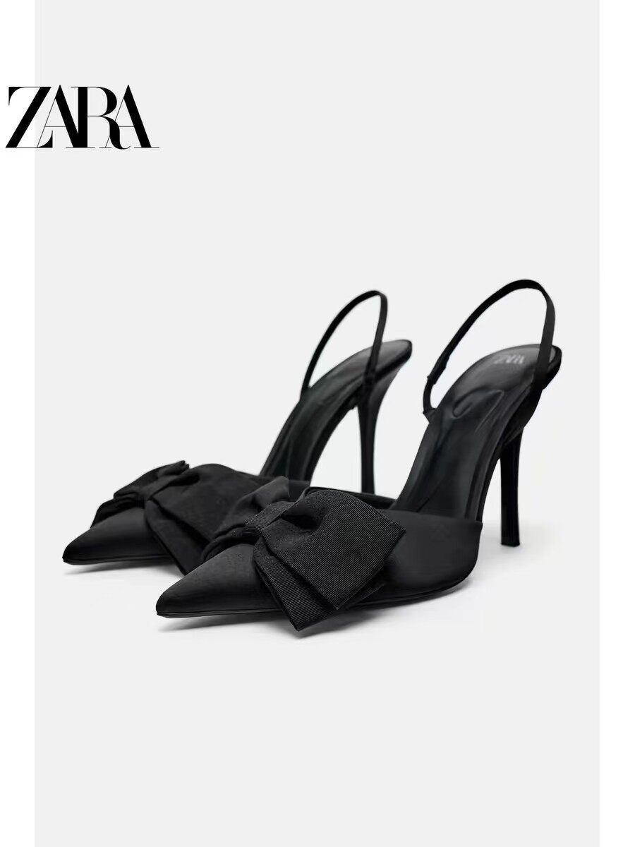 ZARA2025 Autumn New Arrival, Women's Shoes, Black Bow Decorated Pointed Toe Open-Heel High Heels, 3236611 800