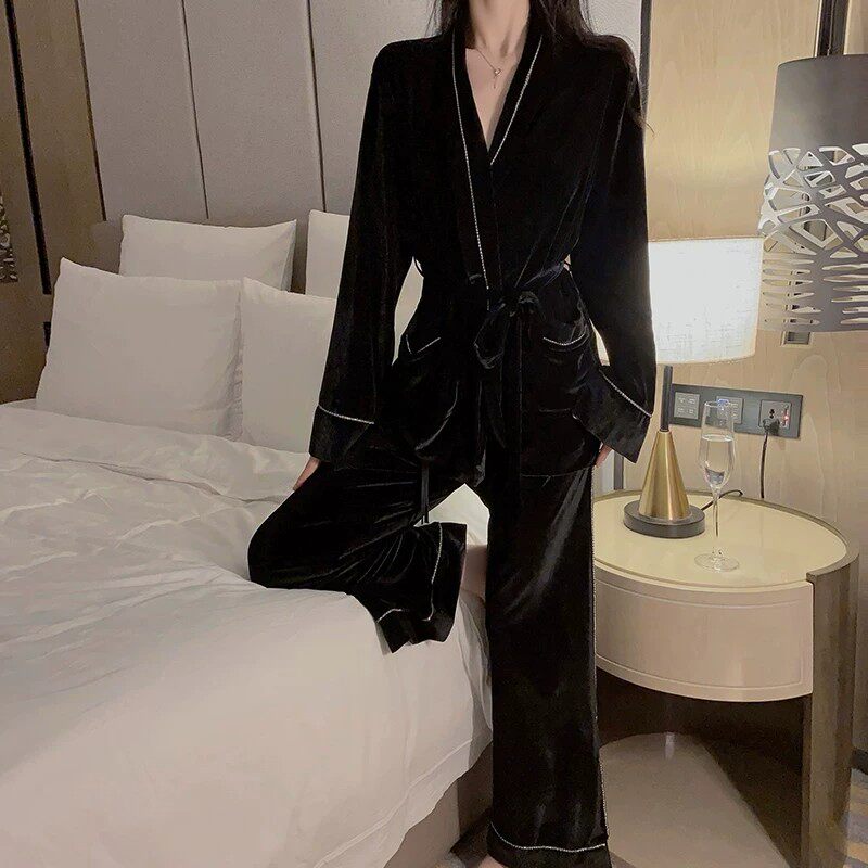 性感睡衣女款秋冬季金丝绒简约纯欲风女士系带上衣长裤家居服套装