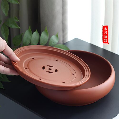 朱泥茶盘套装紫砂潮汕圆形茶船功夫茶具储水复古茶台小型沥水家用