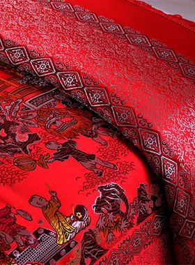 杭州丝绸婚庆床品织锦缎结婚床罩床裙床盖床单风景百子图龙凤呈祥