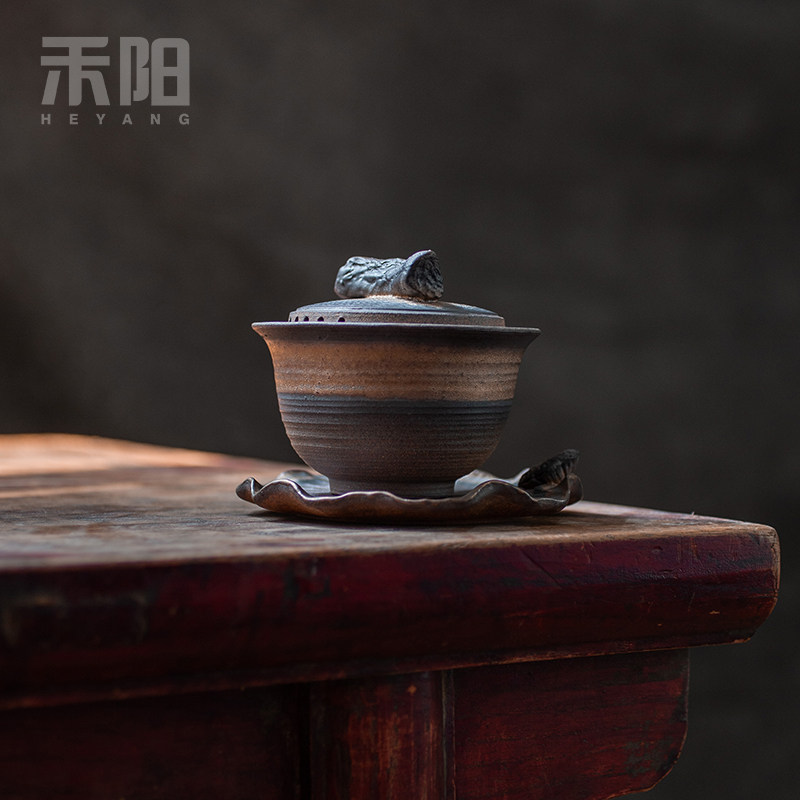 粗陶荷花盖碗 复古创意大号三才茶碗陶瓷 泡茶杯中式茶器功夫茶具