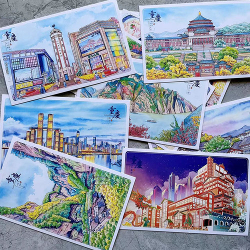 城市重庆手绘风景盖章明信片插画特色旅游文化创意纪念商务礼物品