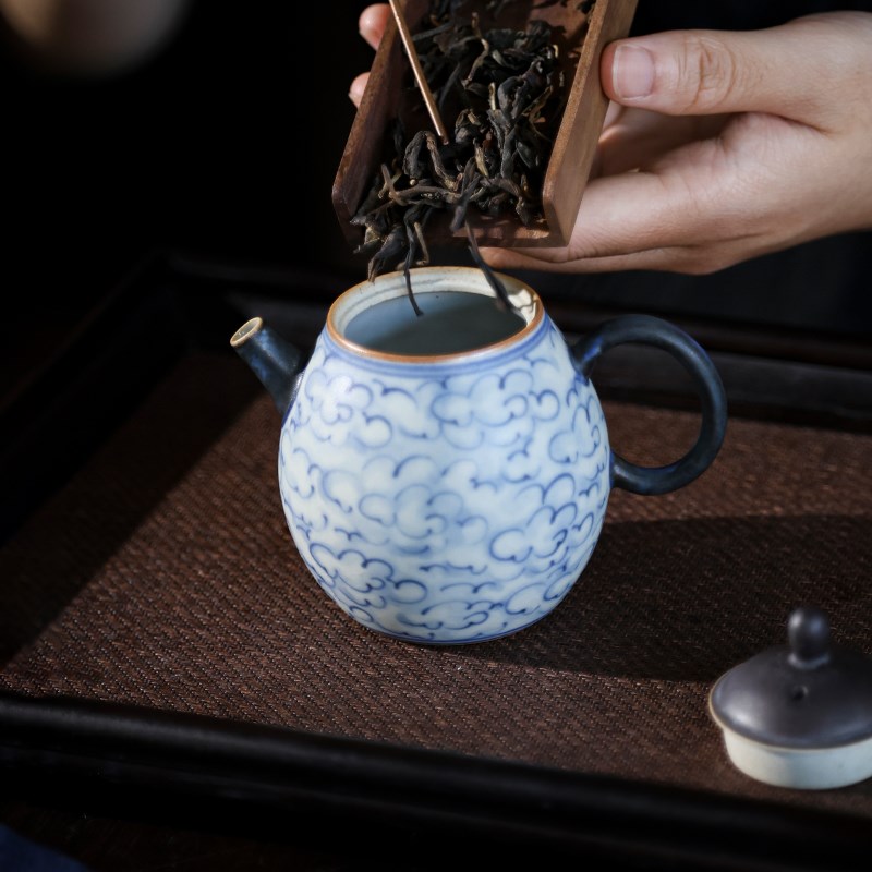 【青花瓷祥云小圆壶】景德镇手绘工艺泡茶壶复古干泡文人功夫茶具