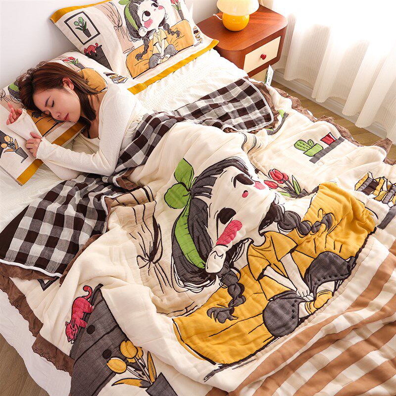 十层精梳棉泡芙被三件套四季通用柔软亲肤卡通盖毯A类全棉毛巾被