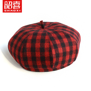 复古格子八角帽女士贝雷帽男女秋冬羊毛呢时尚画家帽休闲保暖帽子