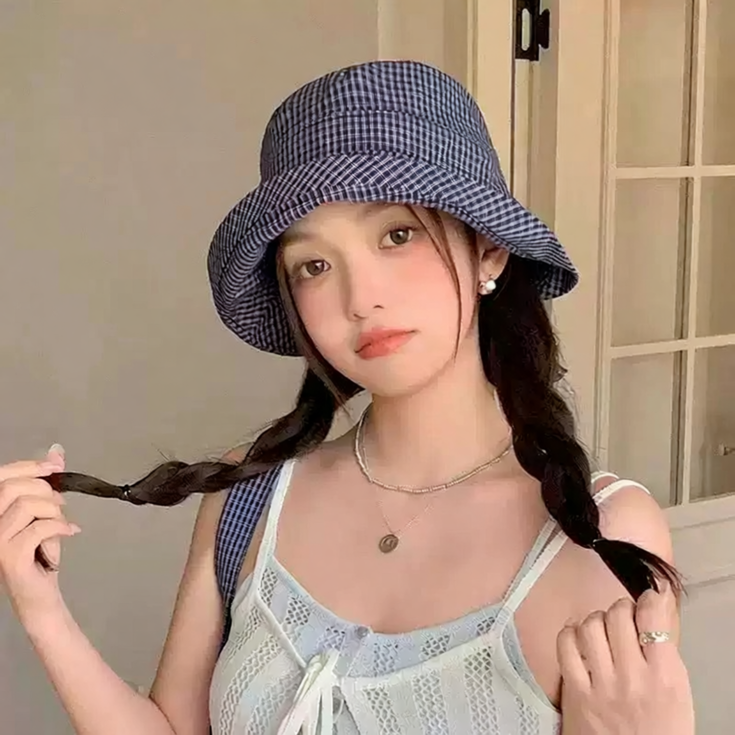 韩版格纹卷边渔夫帽子女春夏季百搭小清新盆帽出游逛街防晒遮阳帽