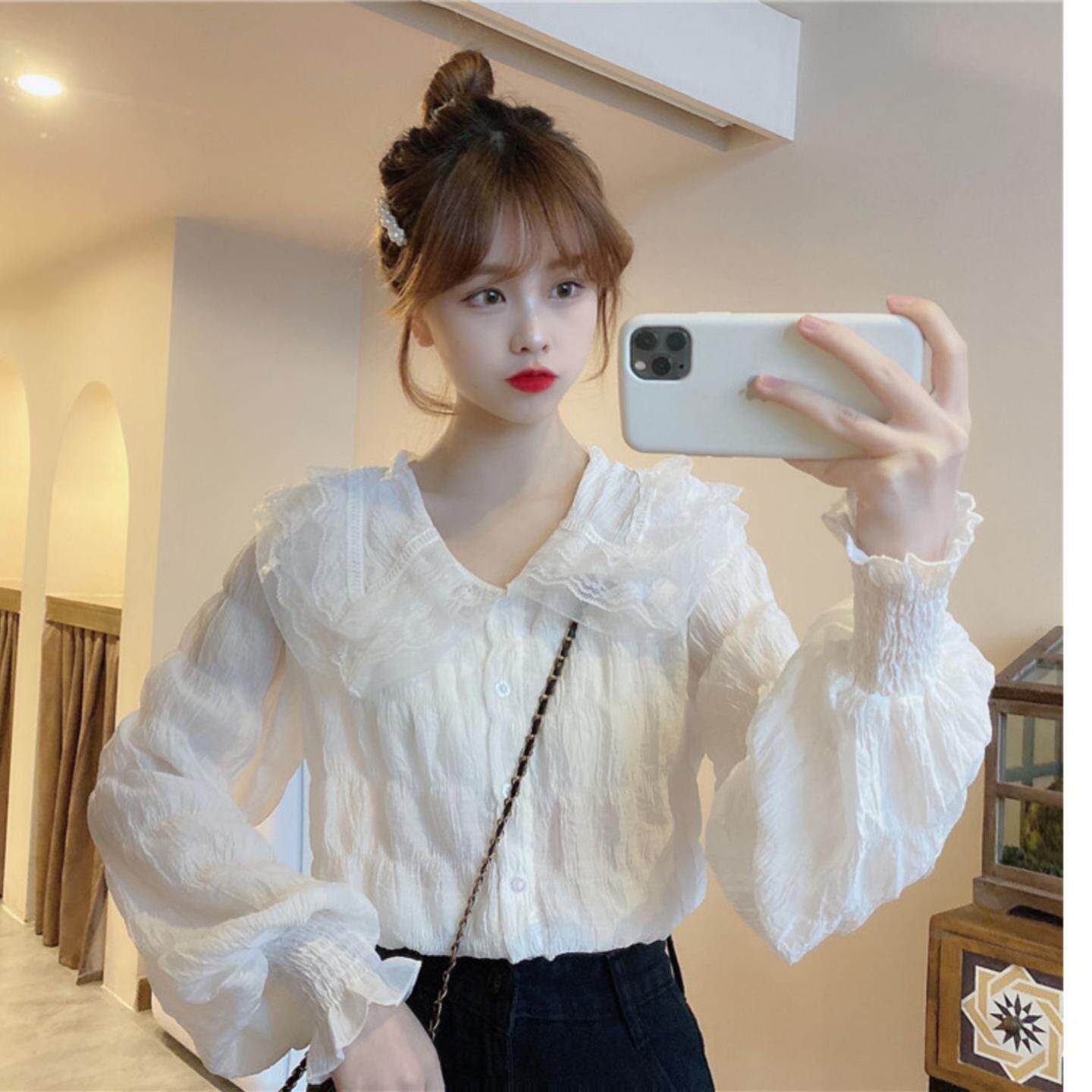 娃娃领泡泡袖衬衫女上衣女式打底衫薄款蕾丝雪纺衫长袖春秋小个子