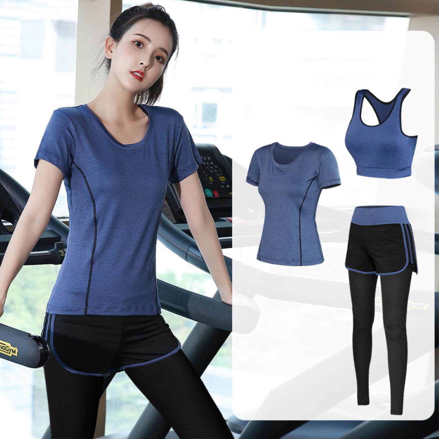 运动套装女健身服短袖三件套春夏季健身房瑜伽服跑步速干衣晨跑