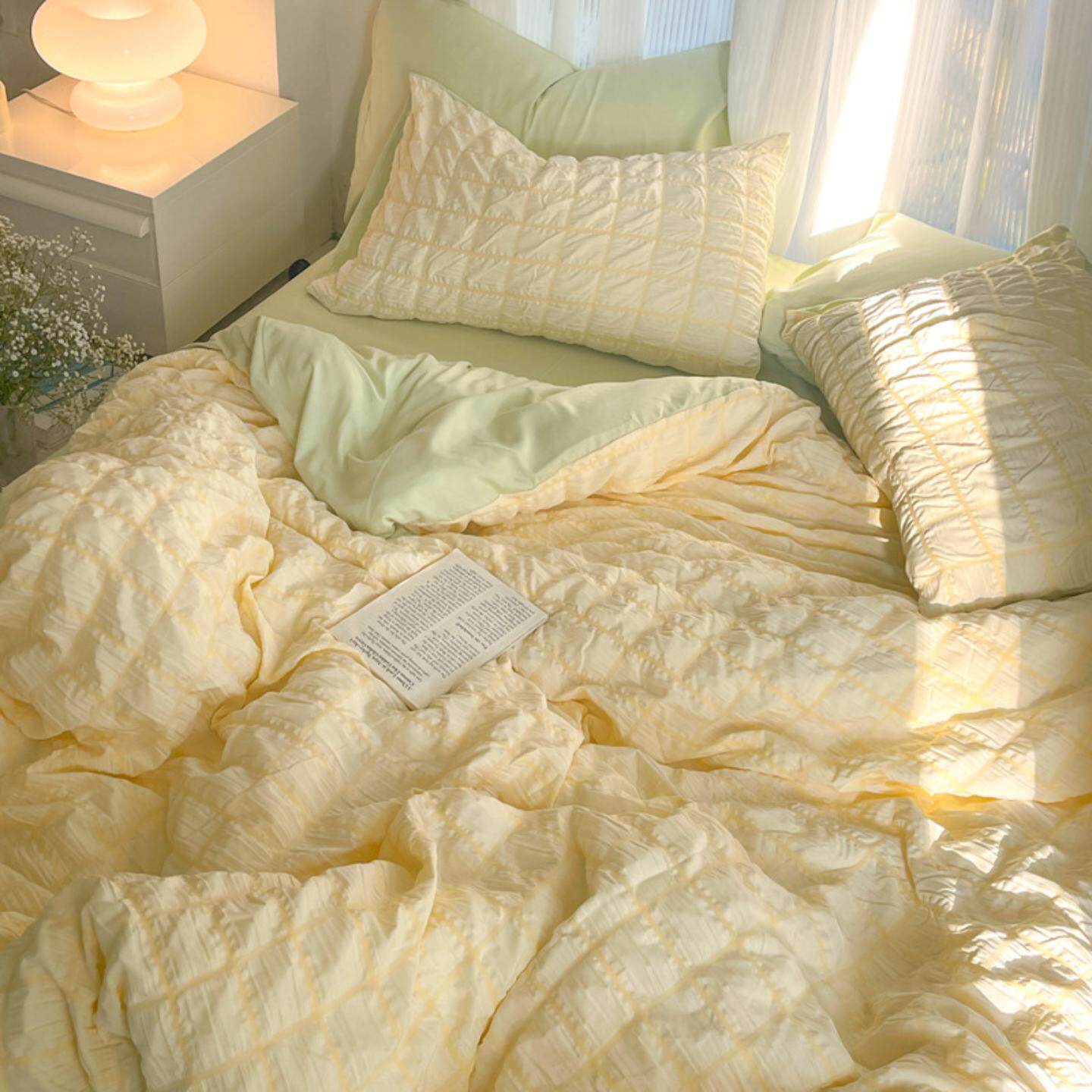 风韩式泡泡纱水洗棉床上四件套心被套床单学生宿舍三件套