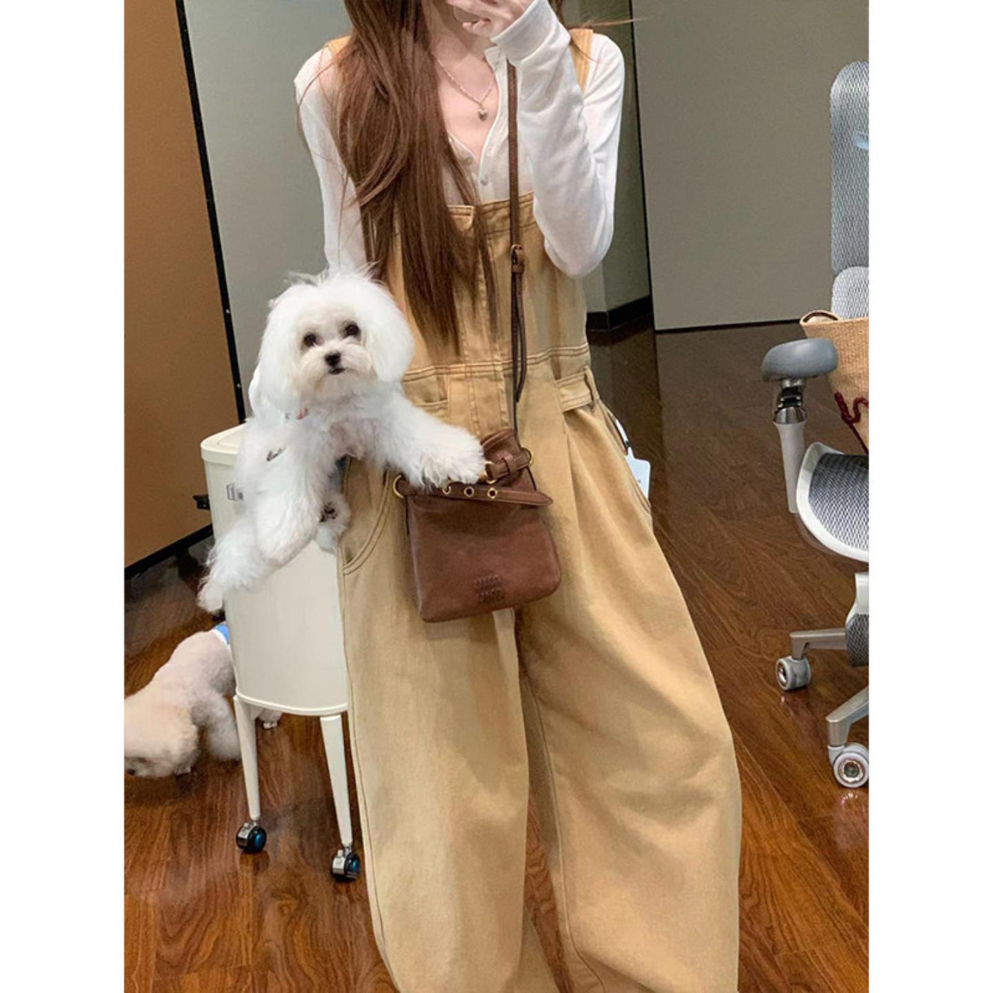 美式大码水洗重工牛仔背带裤女街头慵懒感直筒宽松阔腿连衣裤